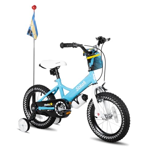 STITCH Little Rock 16 Zoll Kinderfahrrad für 4-7 Jahre Kinder Fahrrad, Jungen Fahrrad mit Stützrädern mit Korb & Bike Streamers