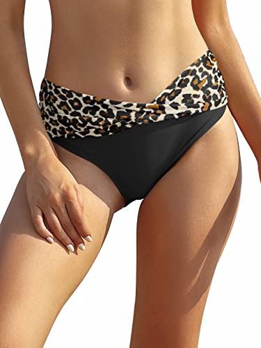 SHEKINI Damen Bikinihose Retro Ruched Bauchweg Klassisch Schwarze Badehose Strandhose Grosse Grössen für Frauen (XL, Schwarzer Leopard)