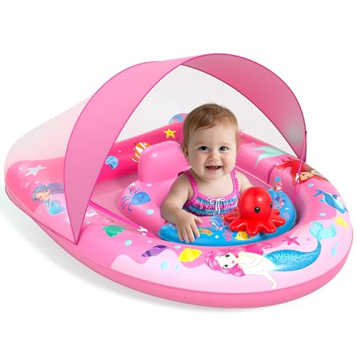 Sunrad Schwimmring Baby mit UPF50+ Sonnendach,Baby Schwimmring ab 6-36 Monate Schwimmhilfe Kinder mit Verstellbarer Sicherheitssitz & Spielzeug,Kleinkind Pool Schwimmring für Mädchen