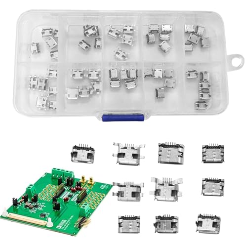 keyxer Hohe QualitätMicro USB Stecker & Buchsen-Sortiment (50 Stück, 10 Modelle) - Lötbare 5-Pin DIP 180° Adapter für Reparaturen, Handys und Elektronik-Ersatzteile,Micro USB Buchse Zum Löten