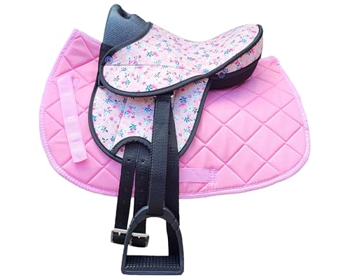 Brama West Kinder Shetty Sattel Set „My Little Pony“ | Sattel für Shetty Pony Holzpferd | mit Satteldecke, Sattelgurt, Steigbügel & Steigbügelriemen | Decke Pink/Sattel Flower
