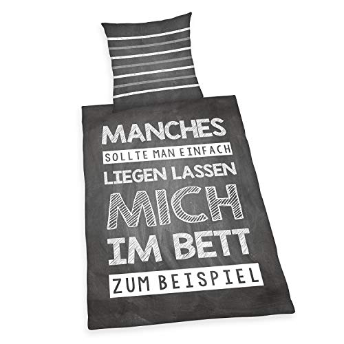 Herding Sprüche Bettwäsche-Set, Wendemotiv, Kopfkissenbezug 80 x 80 cm, Bettbezug 135 x 200 cm, Baumwolle/Renforcé, Grau/Weiß