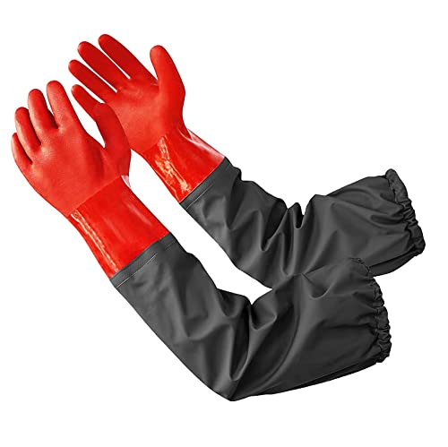 Coopache Wasserdichte Teich Handschuhe, Extra Langarm Voller Arm Handschuhe für Männer, Rot & Schwarz (Large)