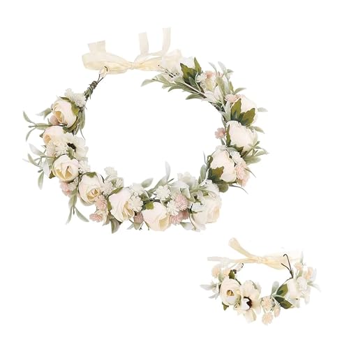 Blumenkranz Haare,Künstliche Blumen Krone,Haar Garland,Blumenkranz Blume Krone Stirnband,Blumen Kranz Stirnband,Einstellbar, Haarreif Blumen für Frauen Hochzeit Party (B)
