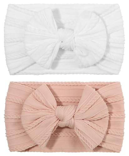 YOFASEN 2 Stück Baby Haarband - Stirnbänder Baby High Elastisches Baby Mädchen Nylon Schleife Stirnbänder Haarbänder Weiche Baby Turban Babyschmuck für Kleinkinder Neugeborene (Rosa+Weiß)