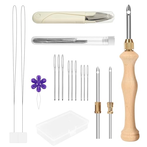 Holzgriff Stanznadel Stickset, Stickerei Starter Kit, Einstellbare Stanznadel Werkzeug, Stickerei Punch Nadel Werkzeuge Set, Stumpfe Stricknadeln, für Handwerk, Stitching, Anfänger