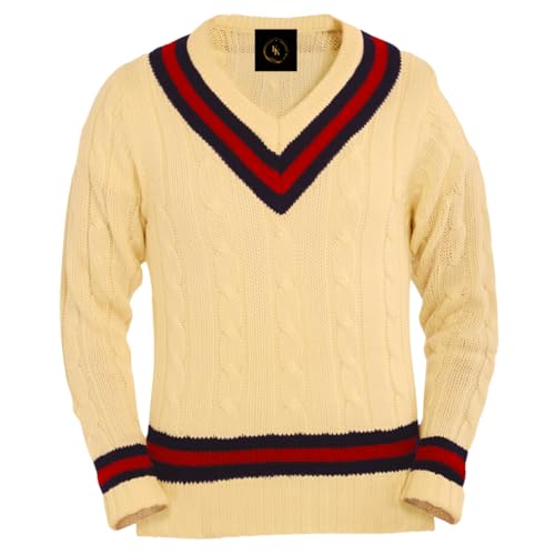 Herren Cricket-Pullover mit V-Ausschnitt | Cremefarbener Strickpullover mit langen Ärmeln und Zopfstreifen für Golf und Cricket | Sportpullover aus Jersey | Übergröße S bis max, cremefarben, M
