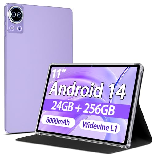 SKYEGG Tablet 11 Zoll Android 14 mit 24 GB RAM + 256 GB ROM (1TB TF), Octa-Core 2.0 GHz, 8000mAh, Widevine L1, 13+5MP, GPS, 5G WLAN BT 5.0, 1280 * 800 Tablet mit Hülle, Lila