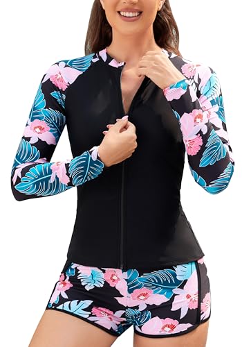 SHEKINI Damen Rash Guard Sets Reißverschluss Langarm Badeanzug Top Swim Shirt Board Shorts Badeanzüge Bademode