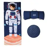 Schlafsack Kinder Doppelter Reißverschluss Weich Warm, Faltbare Kinderschlafsack mit Kissen Abnehmbar für Mädchen Jungen, Leicht Reinigen Schlafsack für Outdoor Indoor Camping, 150×60cm Astronauten