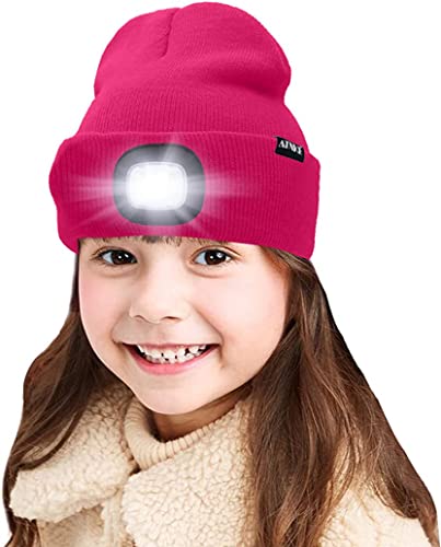 ATNKE Kids LED beleuchtete Mütze mit Licht, USB Wiederaufladbare 4 LED Scheinwerfer wasserdichte Winterwärmer Strick Nachthüte mit leichten Jungen Mädchen/Rose Red