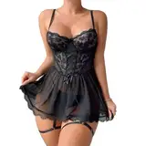 MeeQee Dessous Damen Sexy Spitze Reizwäsche Negligee Nightwear Babydoll Strapsen Nachtwäsche Set Nachtkleid mit Pantie und Strumpfbänder