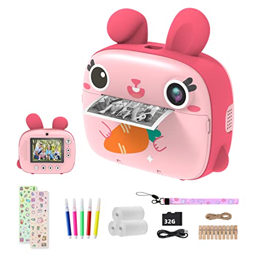 Kinderkamera Sofortbildkamera, CAMCLID Kamera Kinder mit 3 Rollen Thermopapier & 32G SD Karte,DigitalKamera & VideoKamera mit 2,4" Bildschirm,Fotokamera Sofortbilder Geschenk für Mädchen Jungen (Rosa)