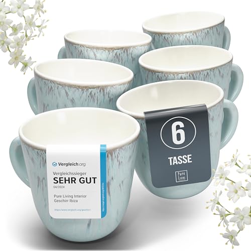 Steingut Kaffeetassen 6 Pers. Ibiza Hochwertiges Mediterranes TEST SEHR GUT Tassen Set, Spülmaschinen-, Mikrowellen- und Kratzfest - Stylisches Tee- und Kaffeebecher Set - Pure Living in Beige-Blau