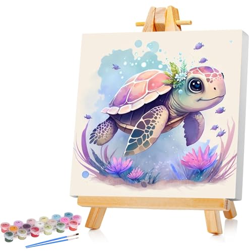 Meeresschildkröte Malen Nach Zahlen Kinder Mit Rahmen Seeschildkröte Paint by Numbers für Kind Cute Tier Ölgemälde Kinder ab 5 6 7 8 9 Jahre für Haus Dekoration 20x20cm (Mit Holzrahmen)