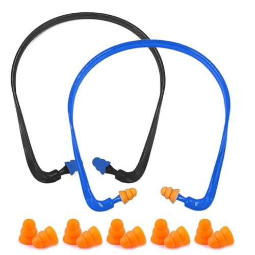 Bügelgehörschutz, 2 Stück Gehörschutzbügel, für eine angenehme Tragedauer, anpressdruckfrei, Gehörschutz zur Lärmreduktion (SNR 25dB), 2 Set mit 5 Paar Ersatzstöpseln, 14x14x1, 4 cm, Schwarz und Blau