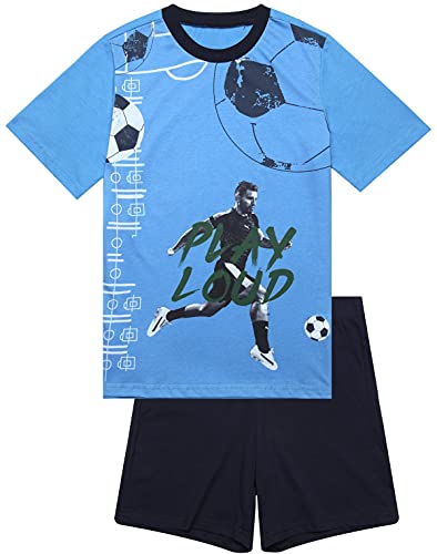 Jungen Schlafanzug kurz, weicher Single-Jersey aus 100% Baumwolle und Hose in Bermuda Form - mit Fussball Motiv Play Loud, in blau Grösse 152