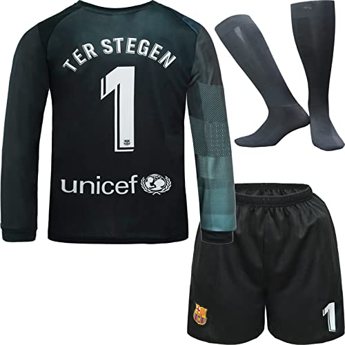 NIHMEX Barcelona TER Stegen Kinder Torwart Trikot Fußball #1, Neu Saison, Shorts Socken Torwarttrikot (Schwarz (Langarm),24)