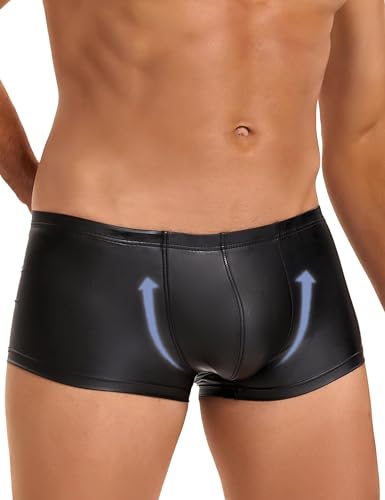 ohyeahlady Herren Boxershorts Kunstleder Sexy Unterwäsche für Mann Wetlook Männer Große Größen Dessous Erotisch Reizwäsche Sissy Höschen Gay Hohe Elastizität Unterhosen Shorts Schwarz M