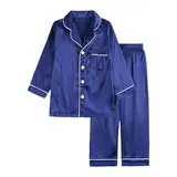 Pyjama-Set für Babys, Mädchen und, Satin-Seide, Kurze Ärmel, Nachtwäsche, 2-teilig, Button-Down, Klassische Loungewear-Hose Schlafanzug Mädchen Frottee 140 (Dark Blue, 10-11 Years)