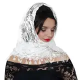 Sibba Spitze Schal Damen Schleier Tüll Kopftuch Stola Elegante Hochzeit Brautschleier Spitzenborte Mantilla Schleier Festlich Kirchenschleier Weiß Sommer Halstuch für Kapelle Braut Abendkleid Party