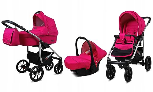 BabyLux® Bambimo Kinderwagen Set 3 in 1 - Qbaro - incl. Babywanne, Buggy Sportsitz, Auto-Babyschale - Autositz - Kinderwagenset - Kombikinderwagen mit Wickeltasche, Regenschutz usw.