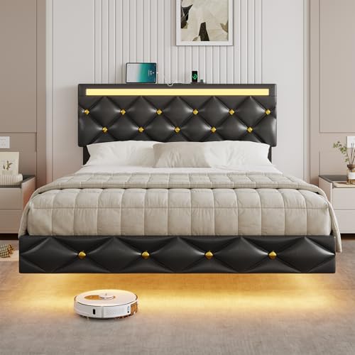 DICTAC Bett 140x200cm Schwebebett mit LED-Beleuchtung und Ladestation, Polsterbett 140x200 mit LED Kopfteil, Doppelbett mit Lattenrost, modern schwebender visueller Effekt, Schwarz