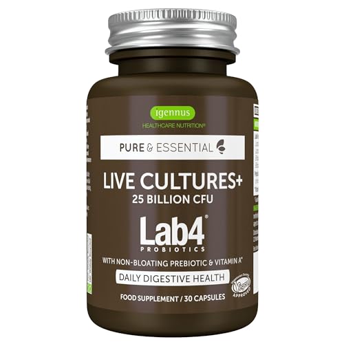 Live Cultures + Lab4® Probiotika & Präbiotikum, Sanft & Ohne Blähungen, 25 Milliarden Bakterienkulturen, Lactobacillus & Bifidobakterien, Vegan, 30 Kapseln
