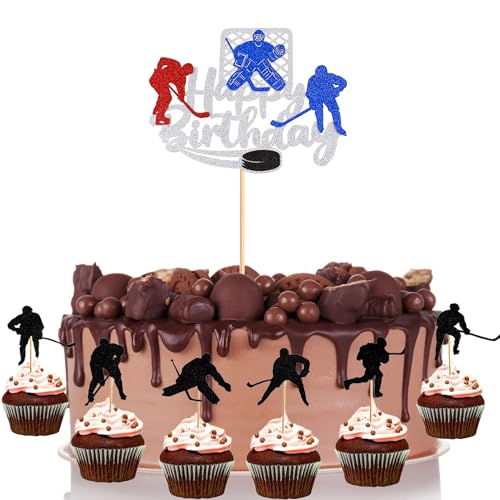 25 Stück Hockey Kuchenaufsatz, Hockeyspieler Kuchendekorationen, Schwarze Hockey Cupcake Topper Sport Themen Cupcake Topper Geburtstagskuchen Sticks Dekoration für Party, Geburtstagsdekorationen