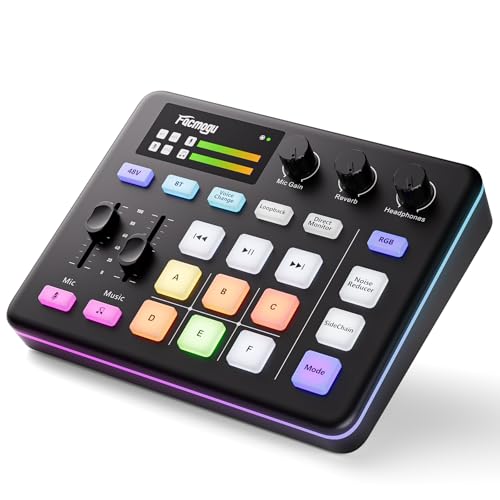 Facmogu G9 Gaming Audio Mixer, Audio Interface mit 3.5mm/XLR Mic In, RGB, Bluetooth, 48V Phantom Power, Voice Changer, Live Sound Card Board für Live Streaming, Podcast, Gaming - nicht für USB Mic
