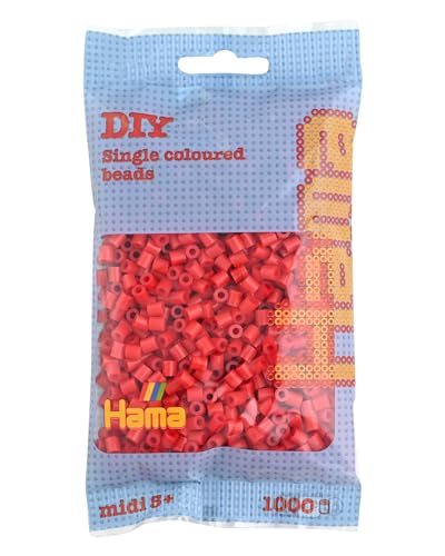 Hama Perlen 207-05 Bügelperlen Beutel mit ca. 1.000 Midi Bastelperlen mit Durchmesser 5 mm in Rot, kreativer Bastelspaß für Groß und Klein