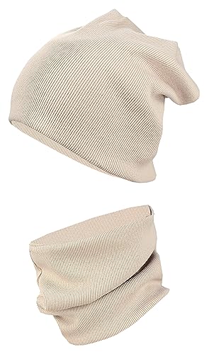 TupTam Kinder Mütze/Beanie und Schlauch Schal Set aus Jersey und Rippstoff, Farbe: Rippstoff Beige, Größe: 52-56