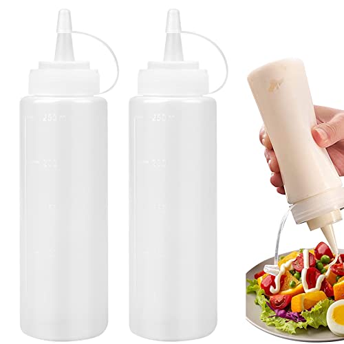 2 Stück Plastik Squeeze Flasche, Quetschflasche Mit Kappen, 8oz Kein Leck Condiment Flaschen für Malen,Backen,Ketchup,scharfe Soße,Olivenöl, Saucenflasche(Transparent, 250ML)