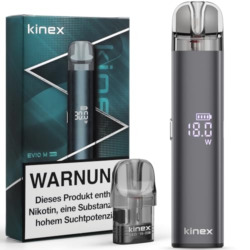 KINEX E Zigarette Pod System Starterset, EVIO M PRO mit Einstellbarem Luftstrom DTL zu MTL, 1100mAh 6W-30W Aufladbar Vape Kit mit 2 Nachfüllbar Kartusche 2,8ml, Ohne Nikotin Ohne Liquid, Dunkelgrau