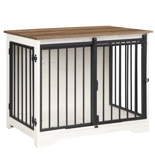 Hzuaneri Hundekäfig Möbel, 81cm Hundebox, 2 Türen, Moderne Hundekäfig Indoor für kleine/mittlere Hunde, Beistelltisch, Hundekäfig für Zuhause, 55 x 81 x 67,5 cm, Weiß Braun DFC83614B