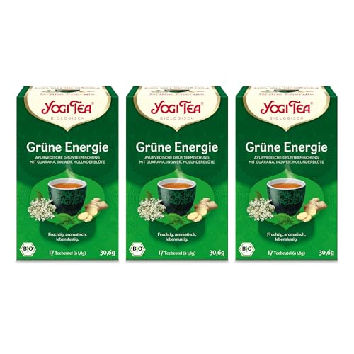 Yogi Tea - Grüne Energie, Ayurvedischer Bio Gewürz- und Kräutertee, Mischung aus Grünem Tee, Guarana, Ingwer und Holunderblüten, Yogi Tee 3er Pack, 3x17 Beutel (51 Teebeutel insgesamt)