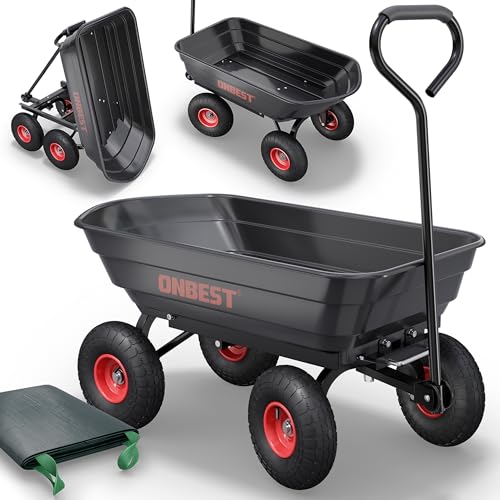 ONBEST Transportwagen mit Kippfunktion – Gartenwagen für 300 kg Zuladung – große 75 Liter Wanne aus Kunststoff – Bollerwagen – Dumper – Gartenkarre – Lastenwagen – schwarz – Plus Gartenabfallsack