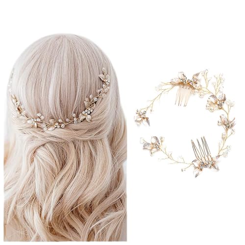 Haarschmuck Hochzeit für Bräute, Gold Blatt Perle Kristall Brautkamm Hochzeits Haarschmuck Vintage Brautschmuck Braut Haarband für Frauen und Mädchen