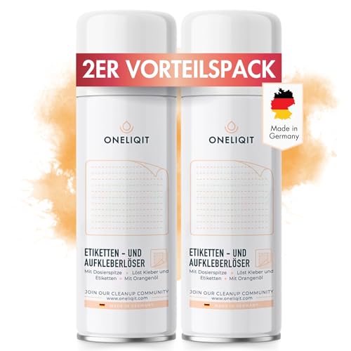 ONELIQIT® Etikettenentferner, Etikettenlöser, Klebereste Entferner mit Orangenöl 2 x 200ml für das einfache Entfernen von Etiketten, Aufklebern, Vignetten & Klebstoffen