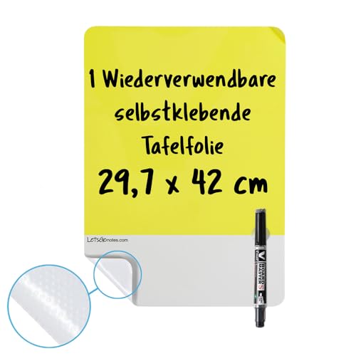 LETSGONOTES A3 Gelb,Tafelfolie Selbstklebend + Folienstift Abwischbar. Überall Anbringen und Abnehmen. Schreiben und Löschen ohne Papierverbrauch.