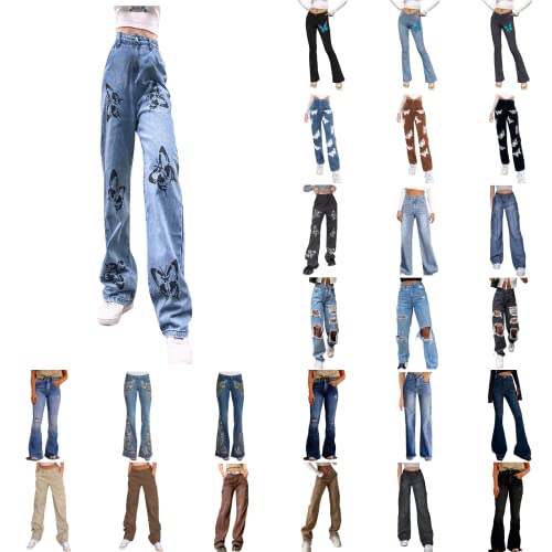 Gsheocm Kleidung Mädchen Teenager Jeanshosen Frauen breite Hosen Hosen gerade Bedruckte Damenbeinjeans Teenager Klamotten Mädchen Trend