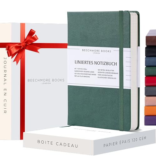 Beechmore Books Notizbuch liniert - A5, Grün I Premium Hardcover Journal Buch aus veganem Leder, 120gsm creme Papier, inkl Geschenkbox, für Schriftsteller, Journalisten, Meetings & Studenten