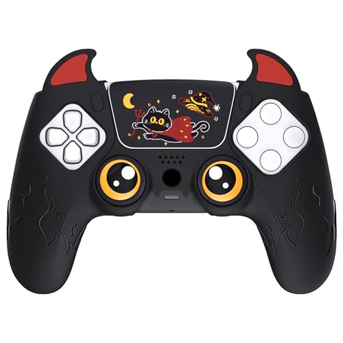 PlayVital Silikonhülle für ps5 Controller, Cute Demon Kawaii Controller Cover Schutzhülle Hülle Skin Zubehör für ps5 mit Touch Pad Aufkleber&Stick Kappen-Schwarz