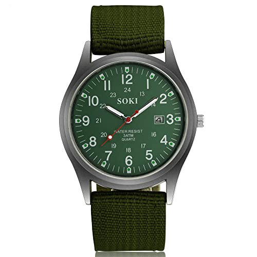 Ziyan Herren Uhr Military Army Leinwand Kalender Analog Quarz Sport Armbanduhr Quarzwerk mit Nylon Armband Luminous Datumanzeiger (Grün)