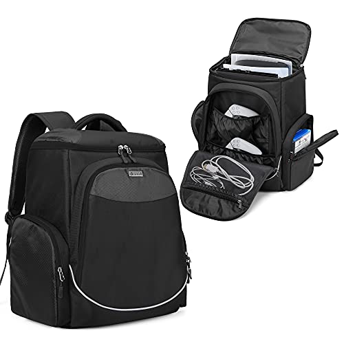 Trunab Rucksack Videospiele Aufbewahrung Schutz, Kompatibel mit PS5/ PS4/ PS4 Pro/ PS4 Slim/Xbox One/Xbox One X/Xbox One S, Reisetaschen mit Taschen für 15,6 '' Laptop und Gaming-Zubehör, Schwarz