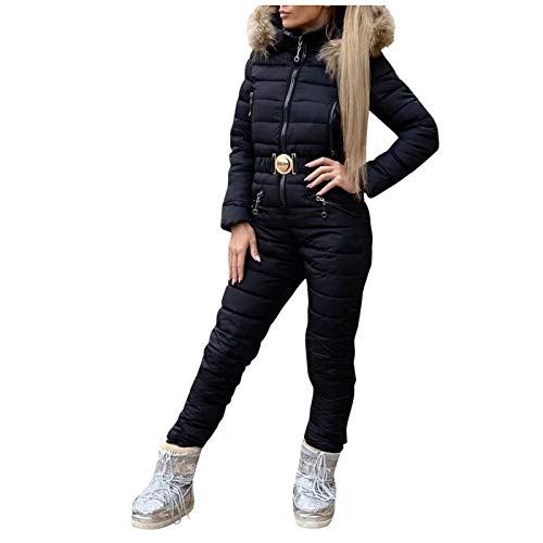 Lazzboy Skianzug Damen Schneeanzug Skioverall Skifahren Skianzüge Overall Jumpsuit Frauen Snowboard Skisuit Outdoor Sport Winter Warme Schnee Sätze Mit Kapuze (Schwarz,L)