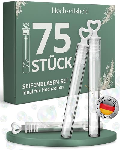HOCHZEITSHELD Seifenblasen Hochzeit 75 Stück mit weißem Herz-Griffstück - Optimal als Standesamt Deko oder Überraschung - Perfekt als Hochzeitsdeko Tisch oder mit Freudentränen - Mini Luftblasen Herz