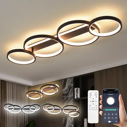 LED Deckenlampe,Dimmbar Deckenleuchte Mit Fernbedienung APP,Einstellbar Ringform Wohnzimmerlampe 4 Flammig Kronleuchter Lampe,48W 3000-6500K deckenbeleuchtung für Schlafzimmer Wohnzimmer,Schwarz 86cm