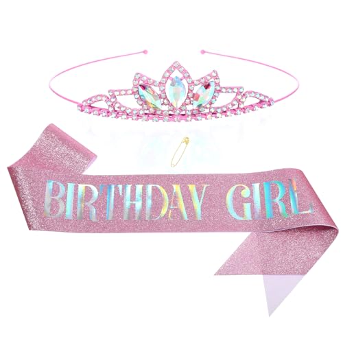 Geburtstag Girlande Krone Mädchen Set Rosa 'Birthday Girl' Gürtel Strass Tiara Haarreif Glänzend Stoff Schärpe Babyparty Geburtstagsgirlande Geburtstags Krone Deko Birthday Mädchen