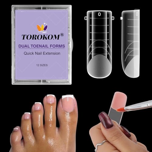 TOROKOM Poly Gel Nagelformen für Zehen, 120 Stück, 12 Größen, Lange Quadrat Dualformen, Pediküre Nagelverlängerung, Wiederverwendbare Zehennagel Schablonen